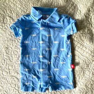 Magnetic Me blue airplane schiffli pique organic cotton romper 0-3 months